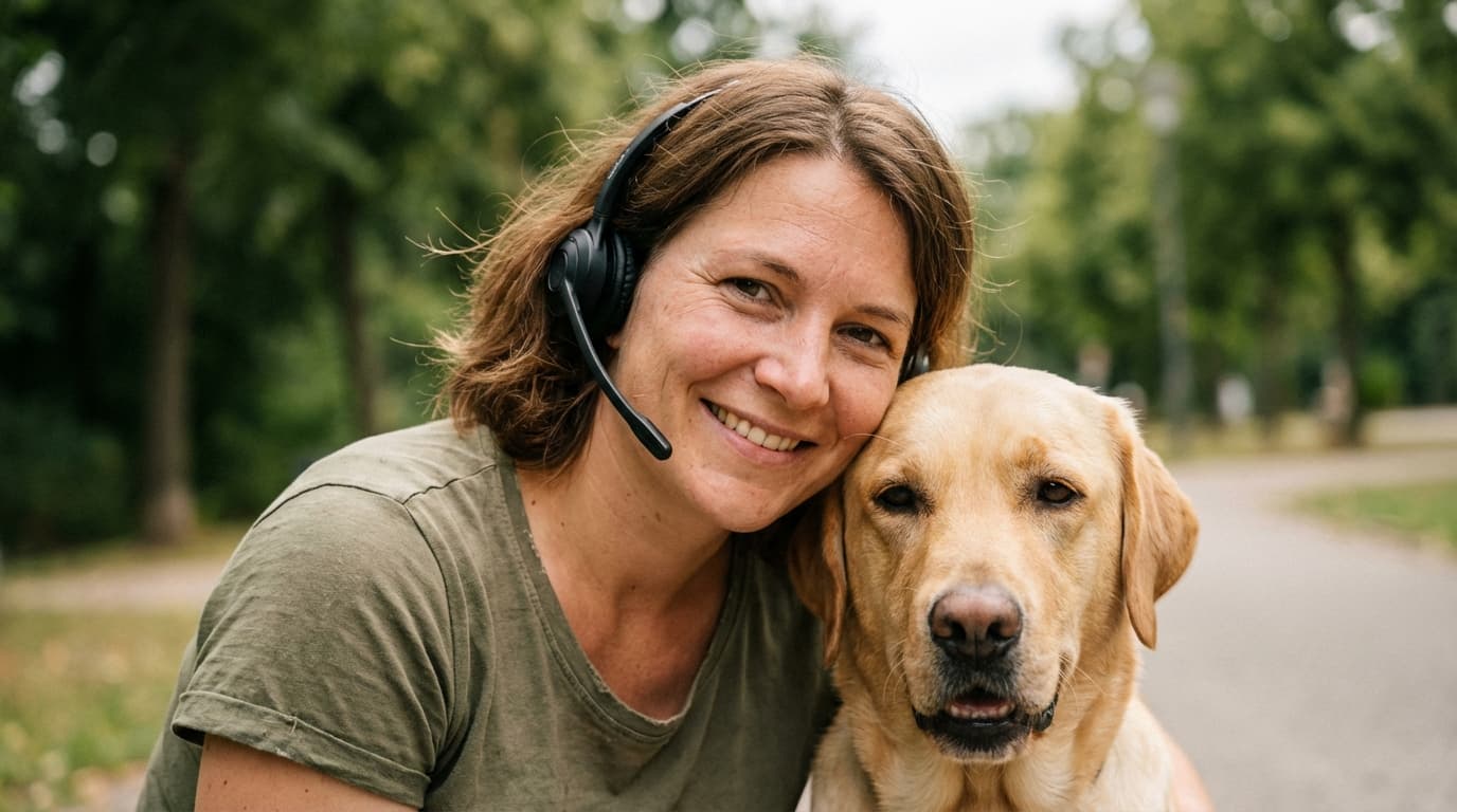 Steffanie draußen mit einem Golden Retriever
