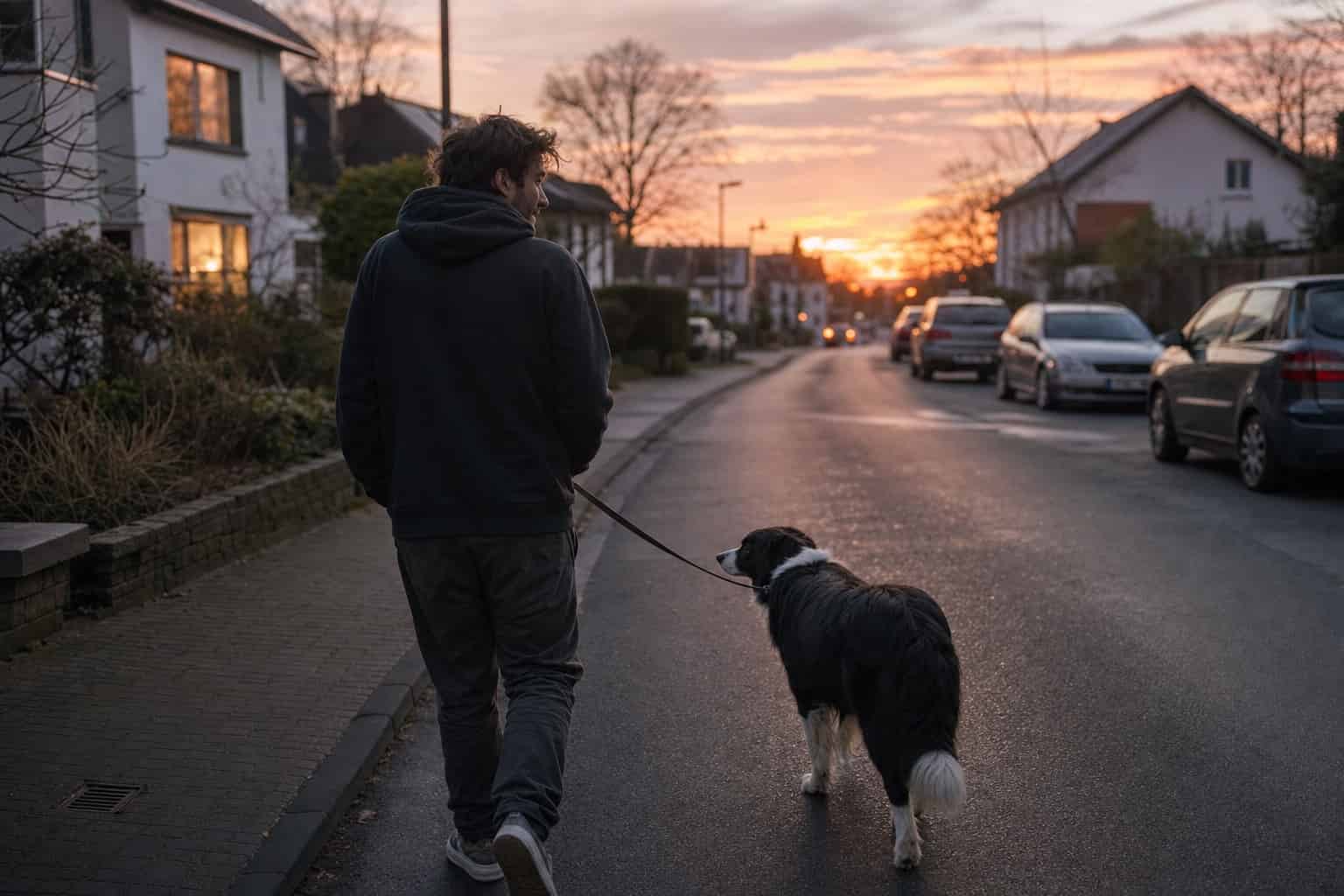 Person geht bei Sonnenuntergang mit ihrem Hund durch eine Wohnstraße